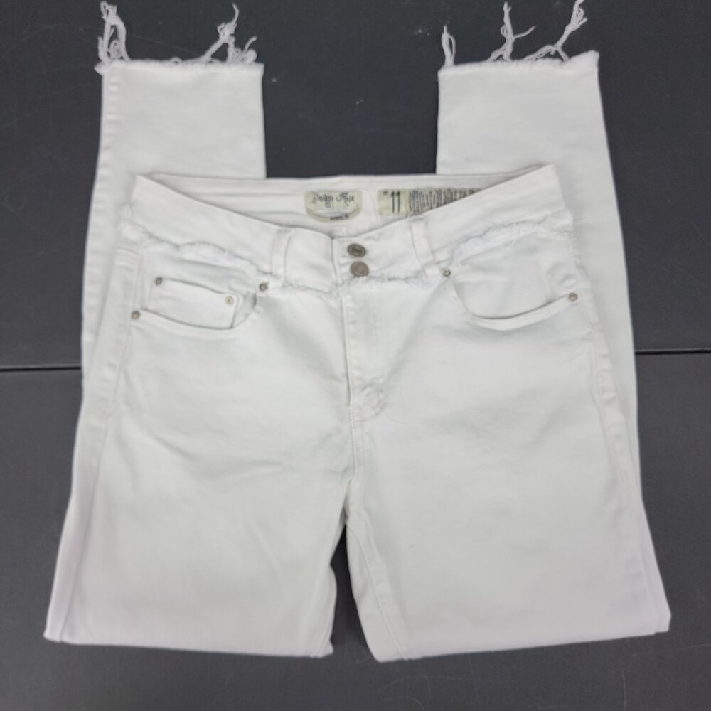 Indigo Rein Ankle Jeans 5 Pocket Mid Rise White Stretch Raw Hem Juniors 11